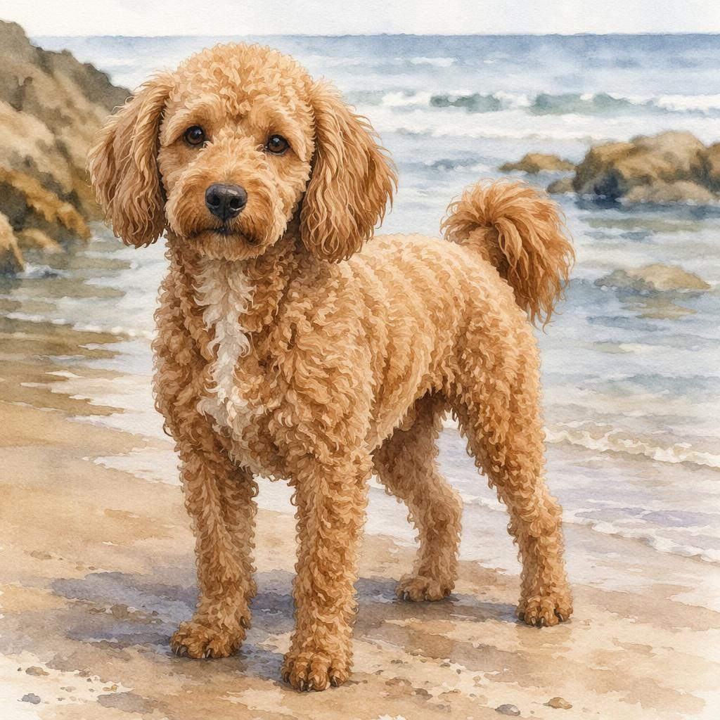 Ein einzelner freundlicher Hund im Aquarell-Stil am Strand, mit gepflegtem Fell, weichem Licht und realistischer Fellstruktur.