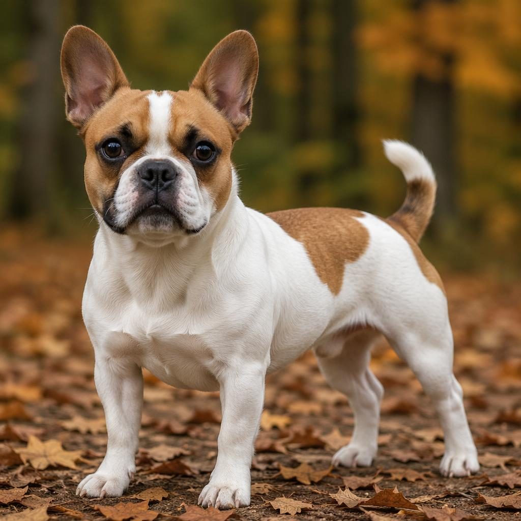 Single mixed-breed dog in an autumn forest studio setting, relaxed and well-groomed with soft natural light.
