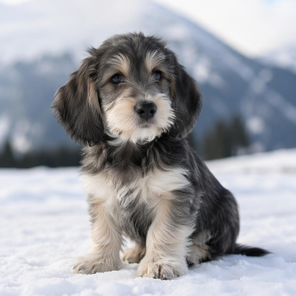 Photoreal papshund puppy with soft poodle-like coat and malamute build, posed alone in a snowy studio setting.