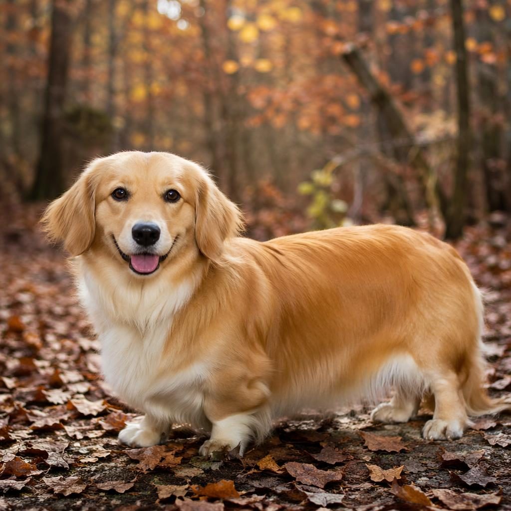Senior hybrid dog with poodle and alaskan malamute traits, posing alone in a soft-lit autumn forest studio scene.