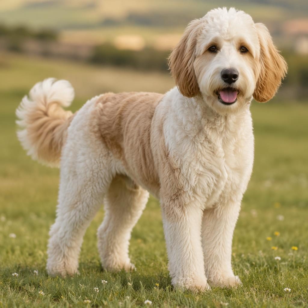 Photo-real illustration of a single friendly mixed-breed dog standing in a grass meadow with soft light and detailed fur.