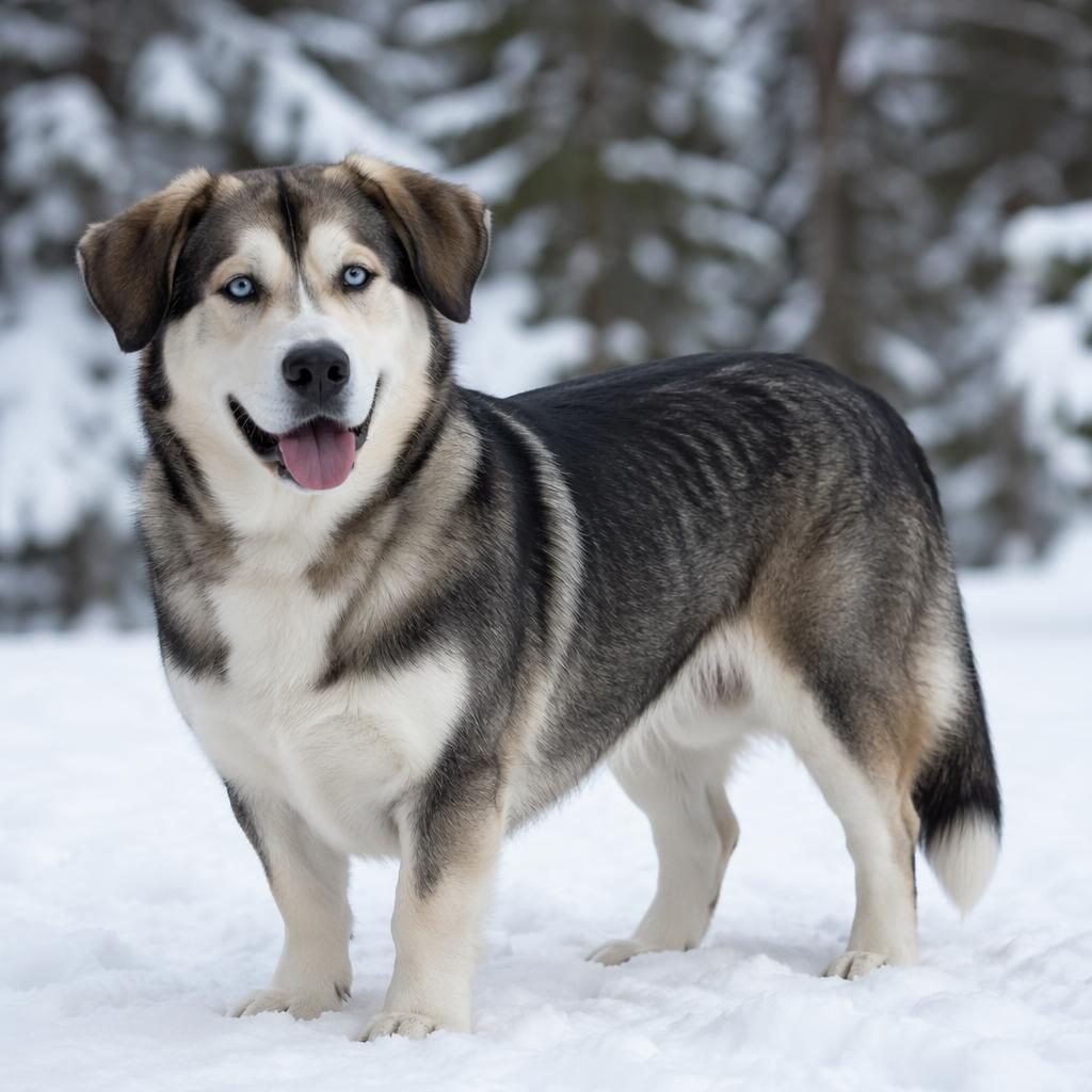 Single adult hybrid dog in a snowy landscape, relaxed and friendly, with realistic fur, soft light, and sharp focus