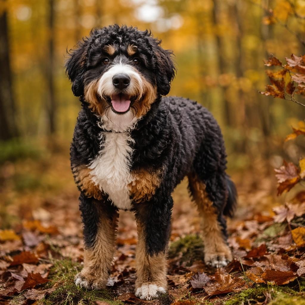 Ein einzelner senioriger berner sennen pudel mix steht entspannt in einem herbstlichen Wald bei weichem Naturlicht.