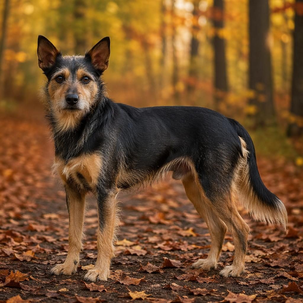 Studio-style portrait of a senior mixed-breed dog in an autumn forest setting with soft light and realistic fur.