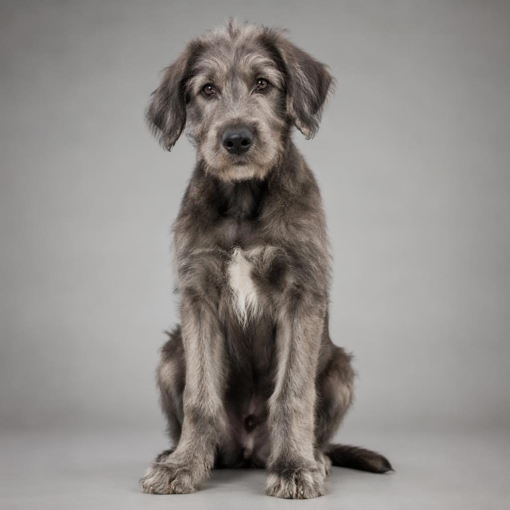 Studio portrait of a friendly irish wolfhound poodle mix puppy on a soft neutral background with natural light.