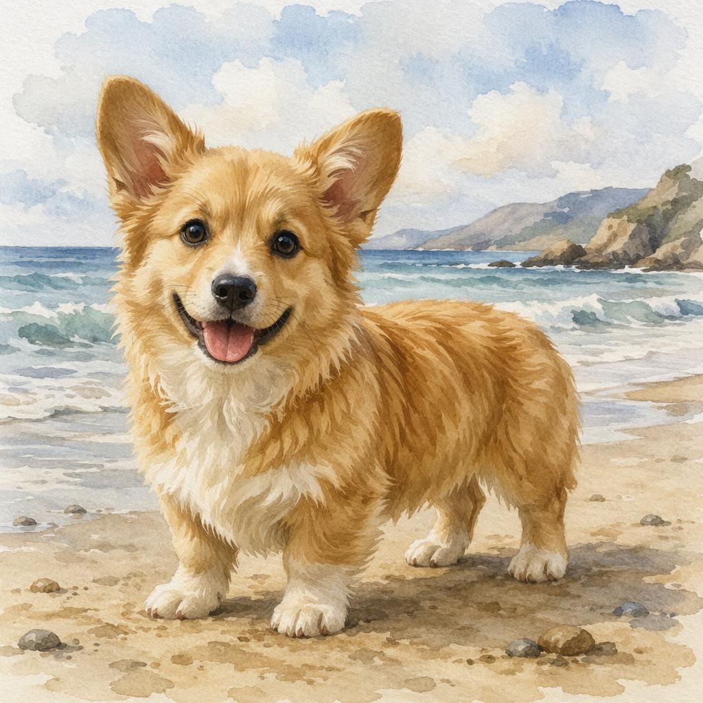 Watercolor-style puppy on a beach with soft golden fur, short legs, fluffy coat, relaxed face, and realistic detail.