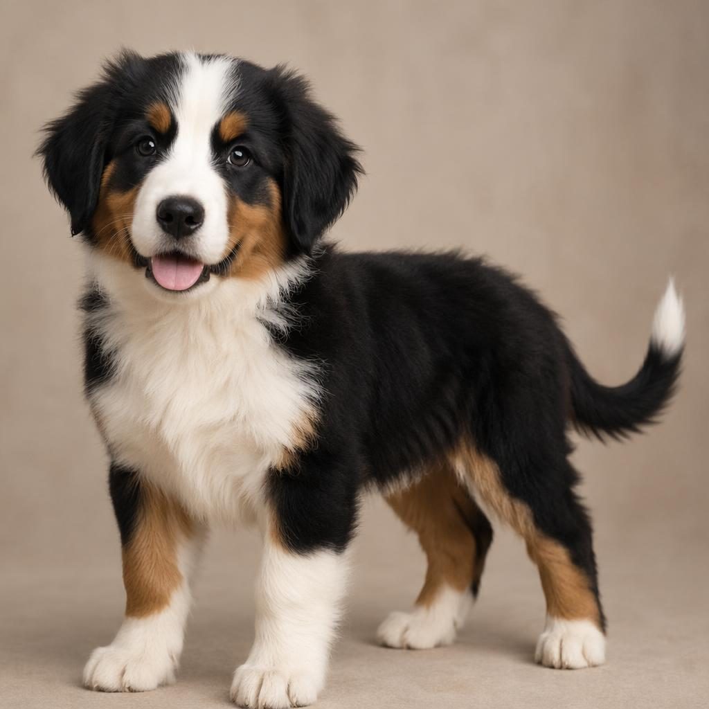 Editorial portrait of a single relaxed bernese pyrenees mix puppy on a soft neutral background in natural light