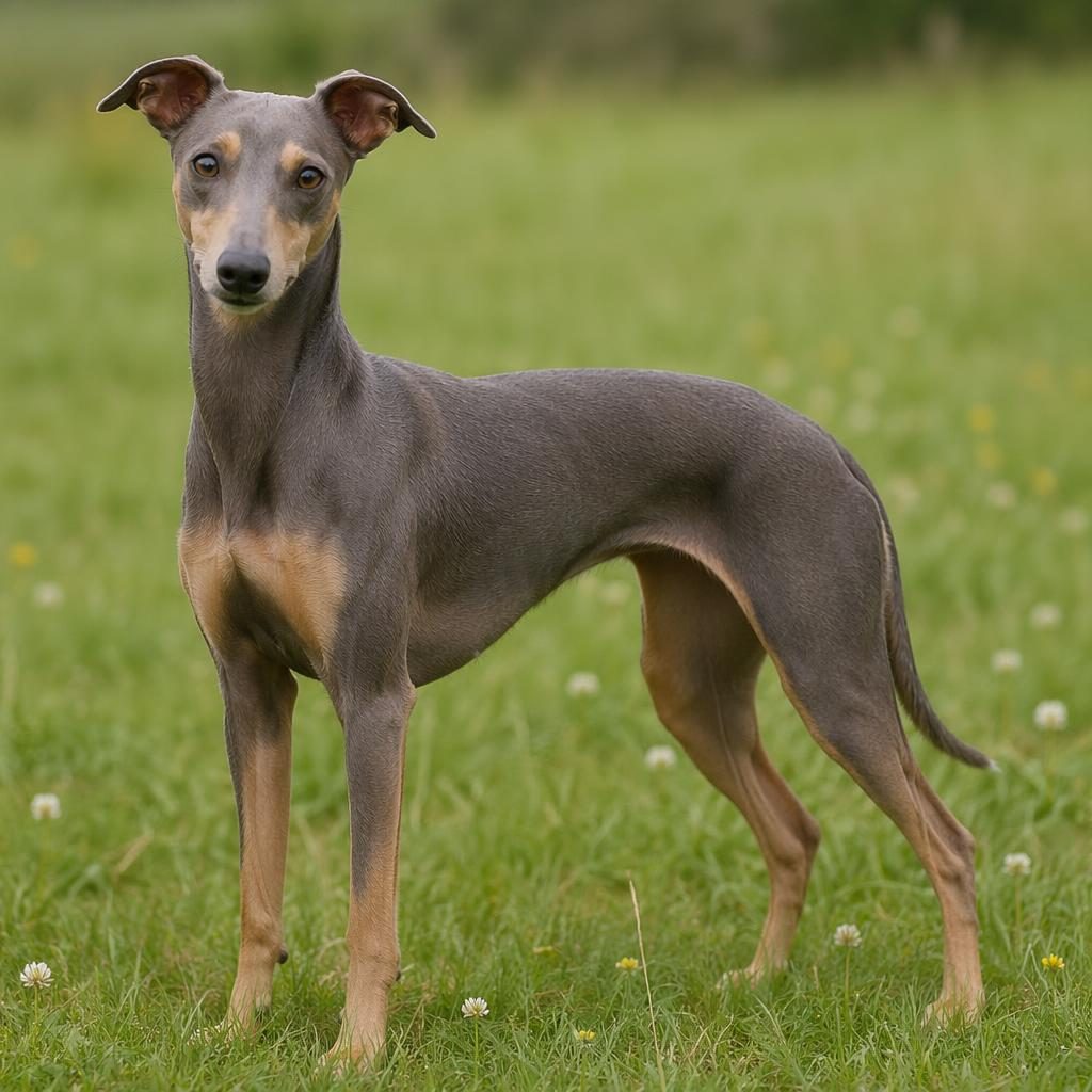 Ein einzelner Dobermann-Whippet-Mix als realistische Illustration auf einer grünen Wiese, entspannt und gepflegt.