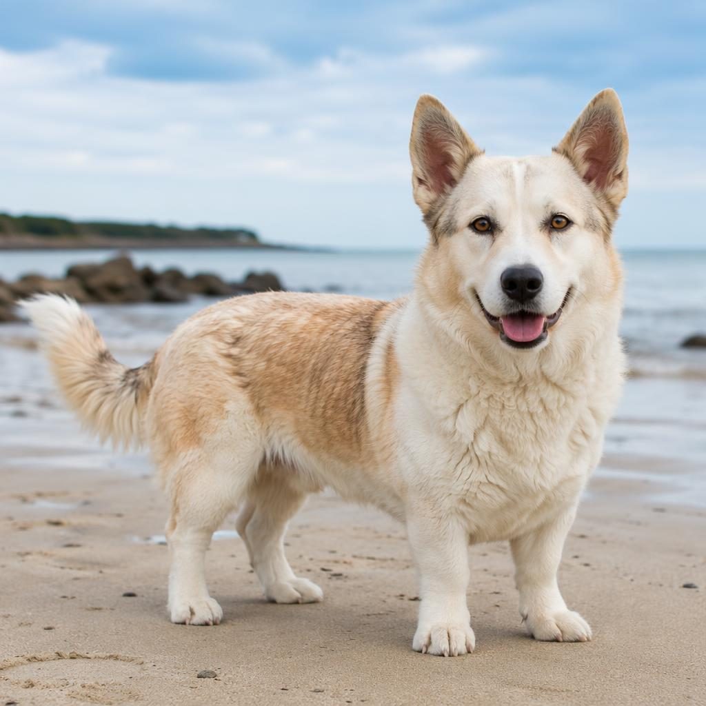 Editorial beach portrait of a single Great Dane and Welsh Corgi mix dog with unusual coat, relaxed and well groomed.