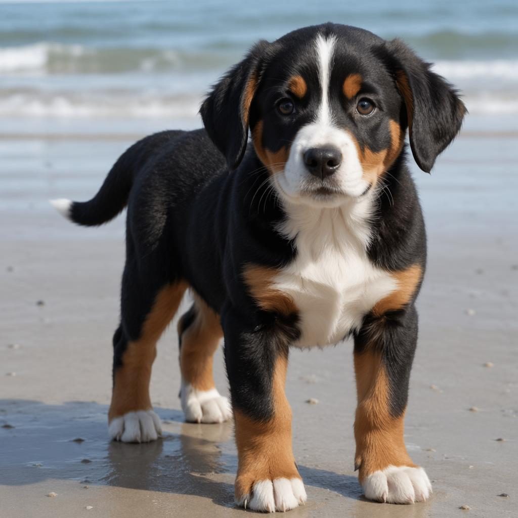Editorial beach portrait of a friendly mixed-breed puppy with soft fur, relaxed ears, and realistic dog features.