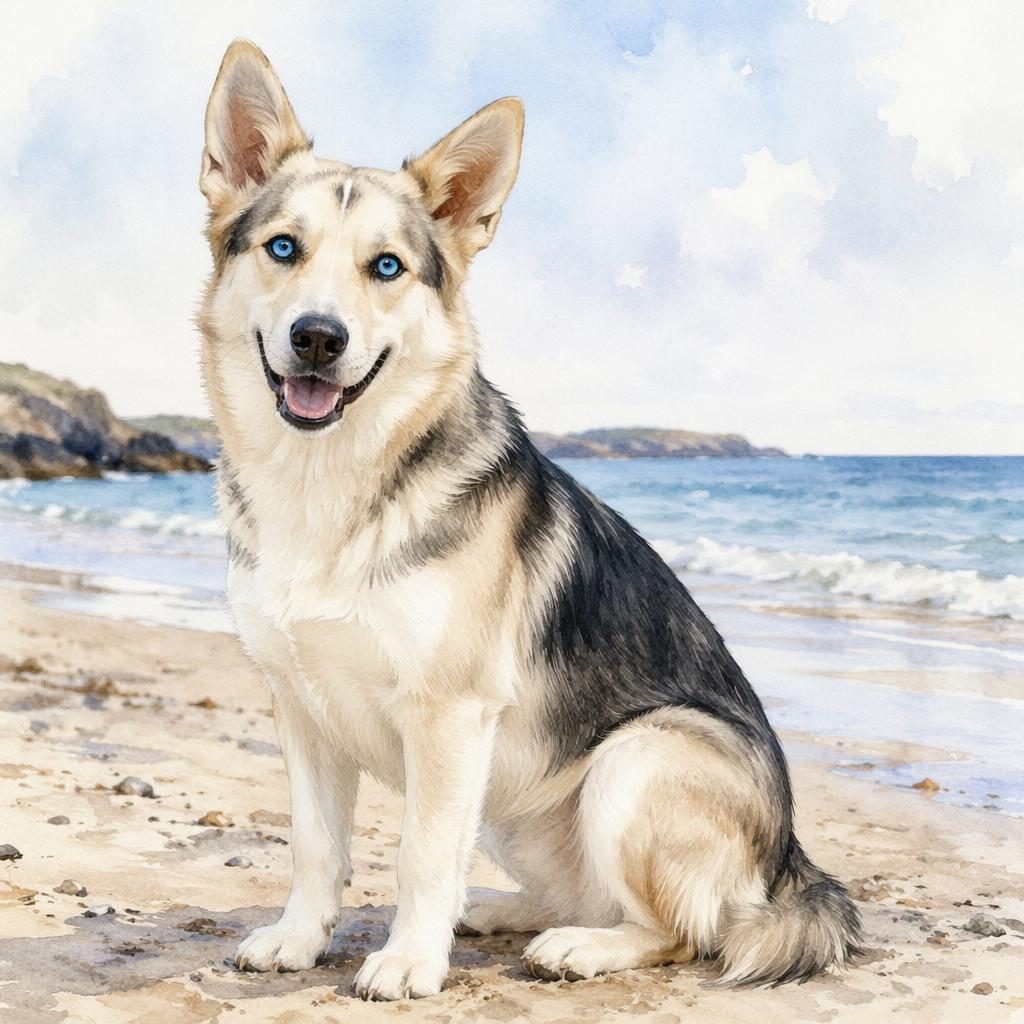Watercolor beach portrait of a single relaxed hybrid dog with spaniel-dachshund traits, unusual coat, soft light.