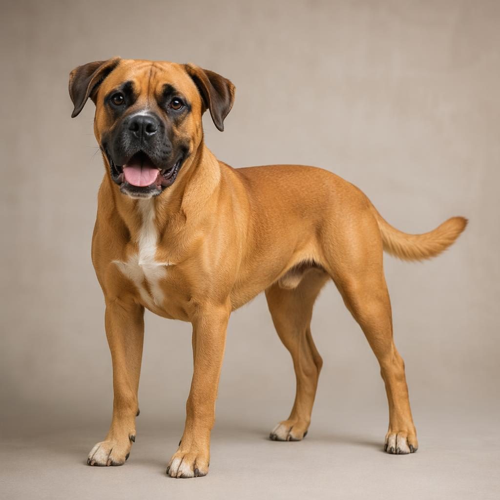 Photo-real illustration of a single friendly lab boxer mix dog on a soft neutral background with sharp fur detail.