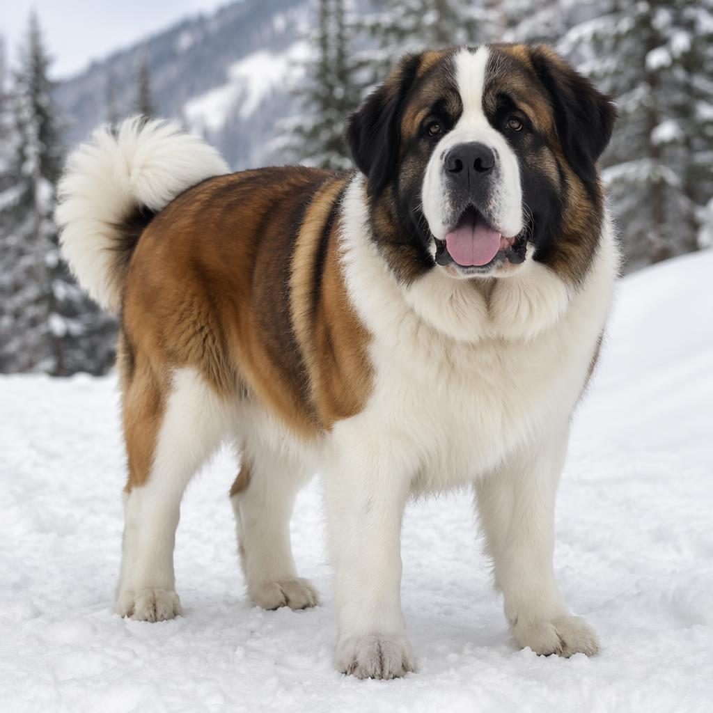 Single adult hybrid dog with husky and weimaraner traits standing in a snowy landscape, relaxed and well groomed
