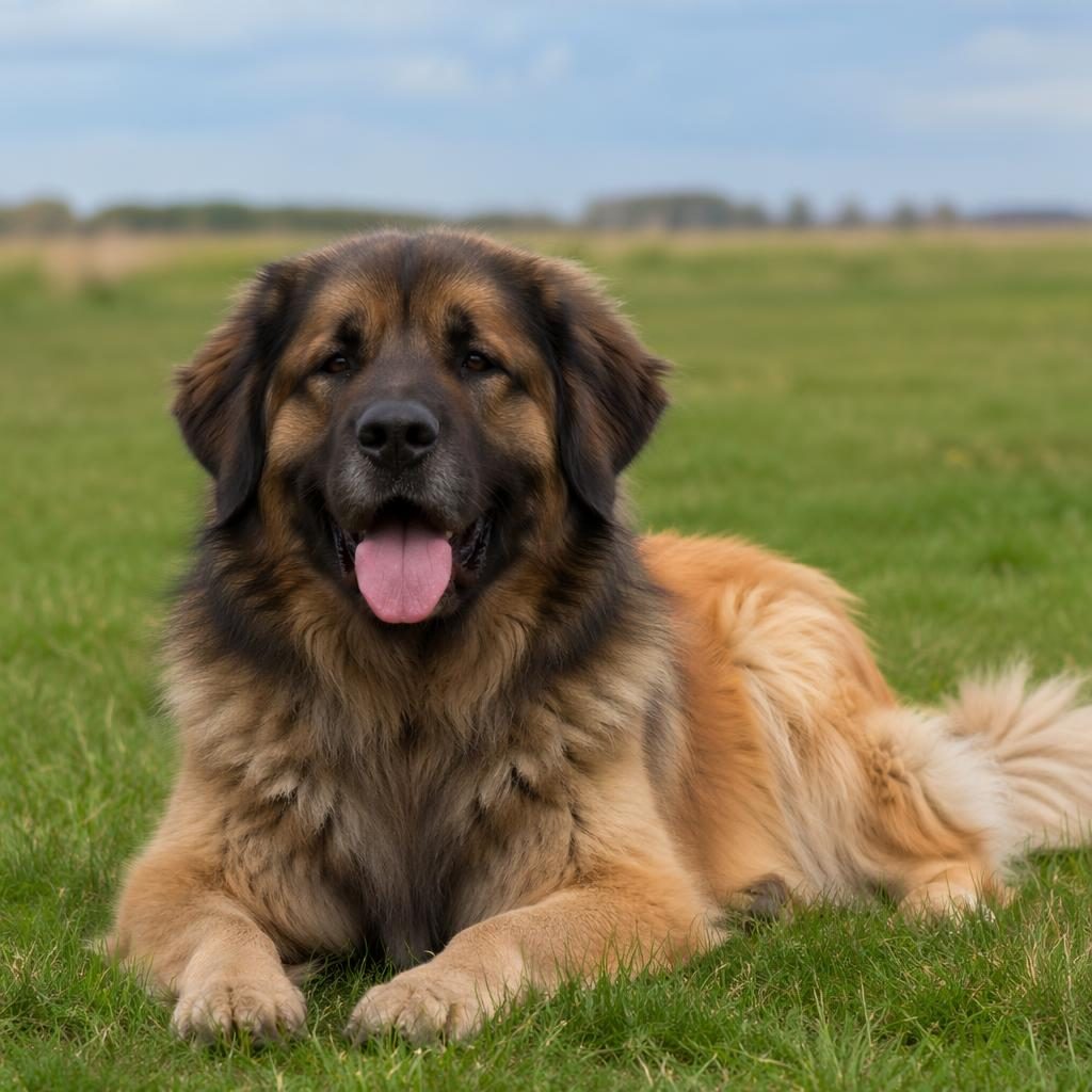 Senior leonberger mix dog standing in a grass meadow, relaxed and friendly, with realistic fur in soft natural light.
