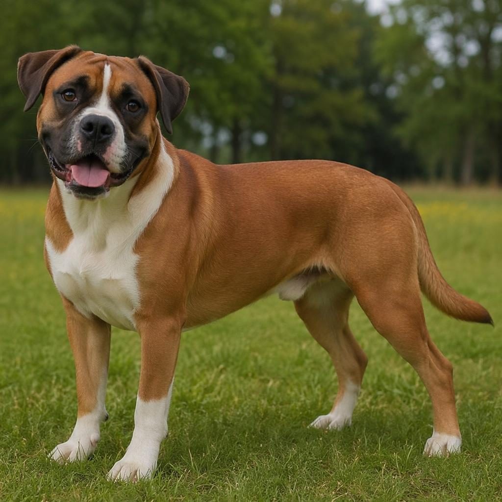 Illustrated single boxer mix dog standing in a grass meadow with soft light, realistic fur, relaxed friendly expression