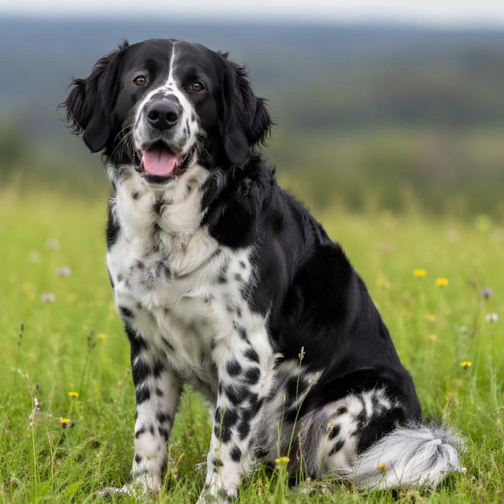 Ein einzelner senioriger Bernese Mountain Spaniel als Dalmatiner Mischling im Studio auf grüner Wiese, freundlich und entspannt.