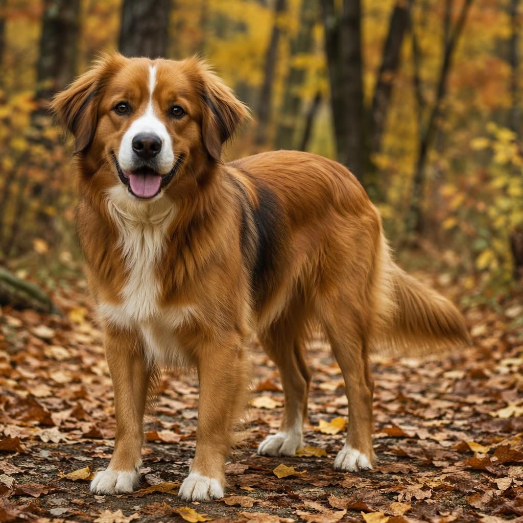 Single friendly mixed-breed dog in an autumn forest, shown in a realistic editorial portrait with soft natural light.