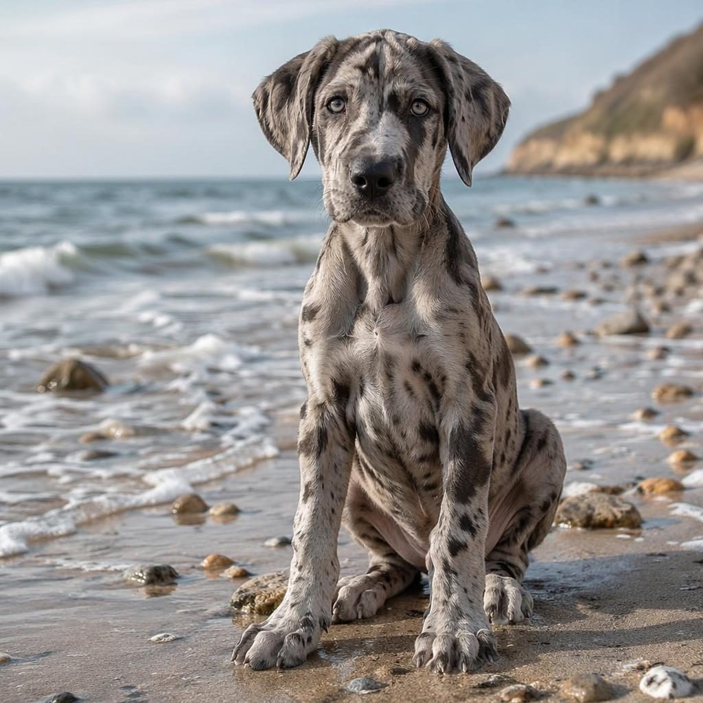 Ein einzelner, entspannter wolfs schäferhund Welpe mit realistischer Fellstruktur steht am Strand bei weichem Licht.