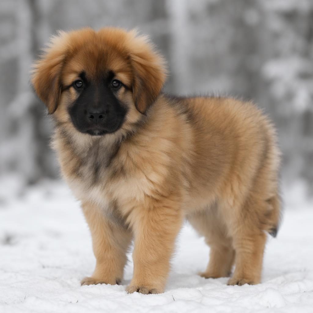 Photoreal puppy resembling a leonberger mix standing in snow, with fluffy coat, relaxed face, and soft natural light.
