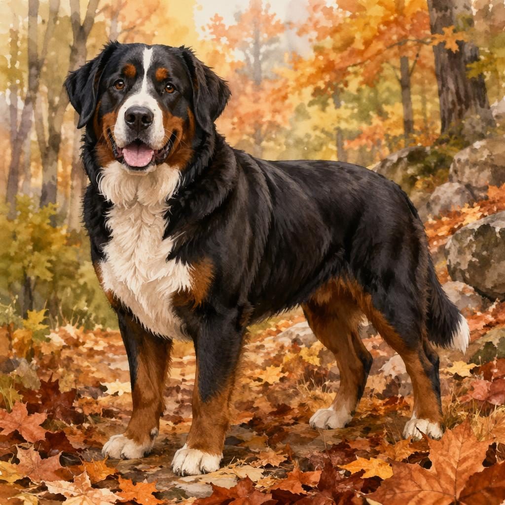 Ein einzelner älterer Mischlingshund im Aquarellstil steht entspannt im Herbstwald bei weichem natürlichem Licht.