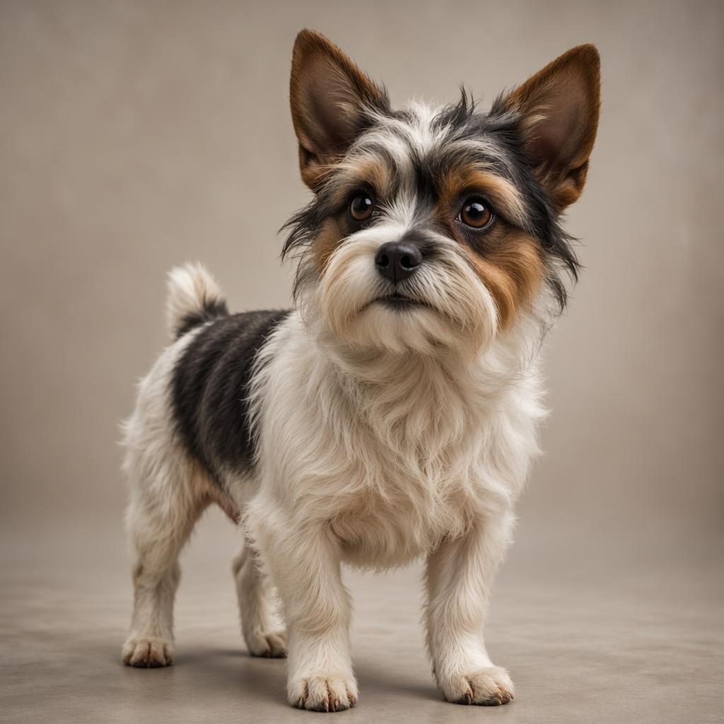 Illustrated single small mixed-breed dog with shih tzu and jack russell traits on a soft neutral background.
