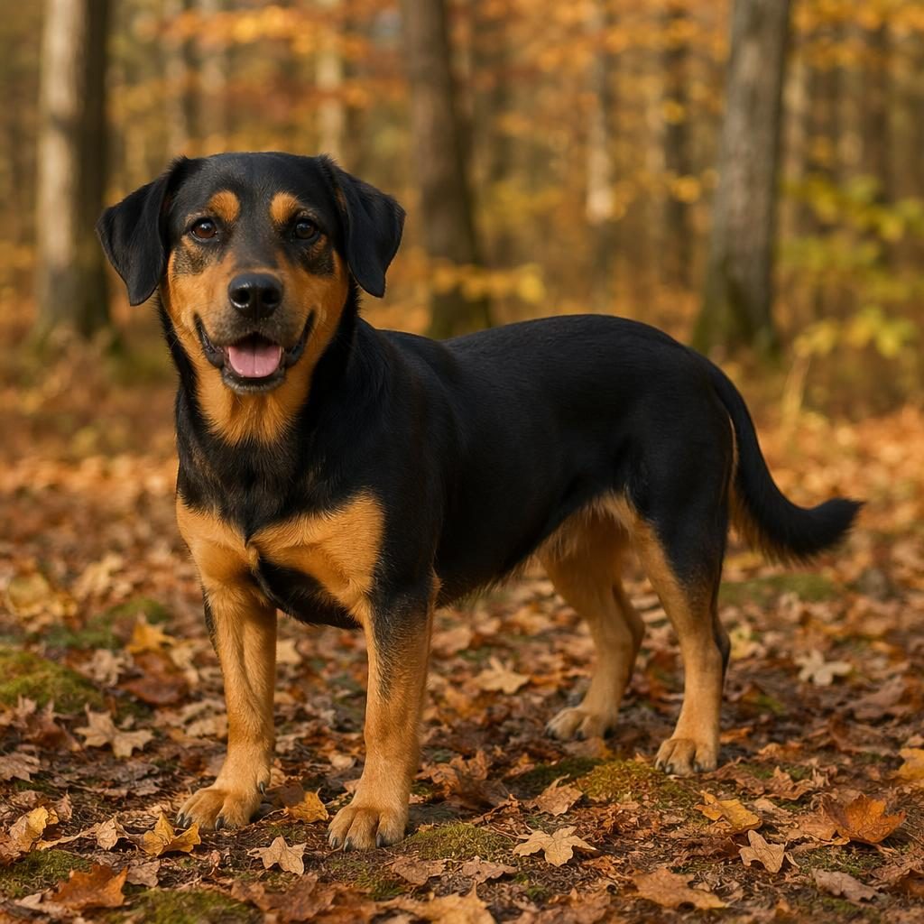 Ein einzelner älterer Mischlingshund mit natürlicher Fellmischung steht entspannt in einem herbstlichen Wald bei weichem Licht.
