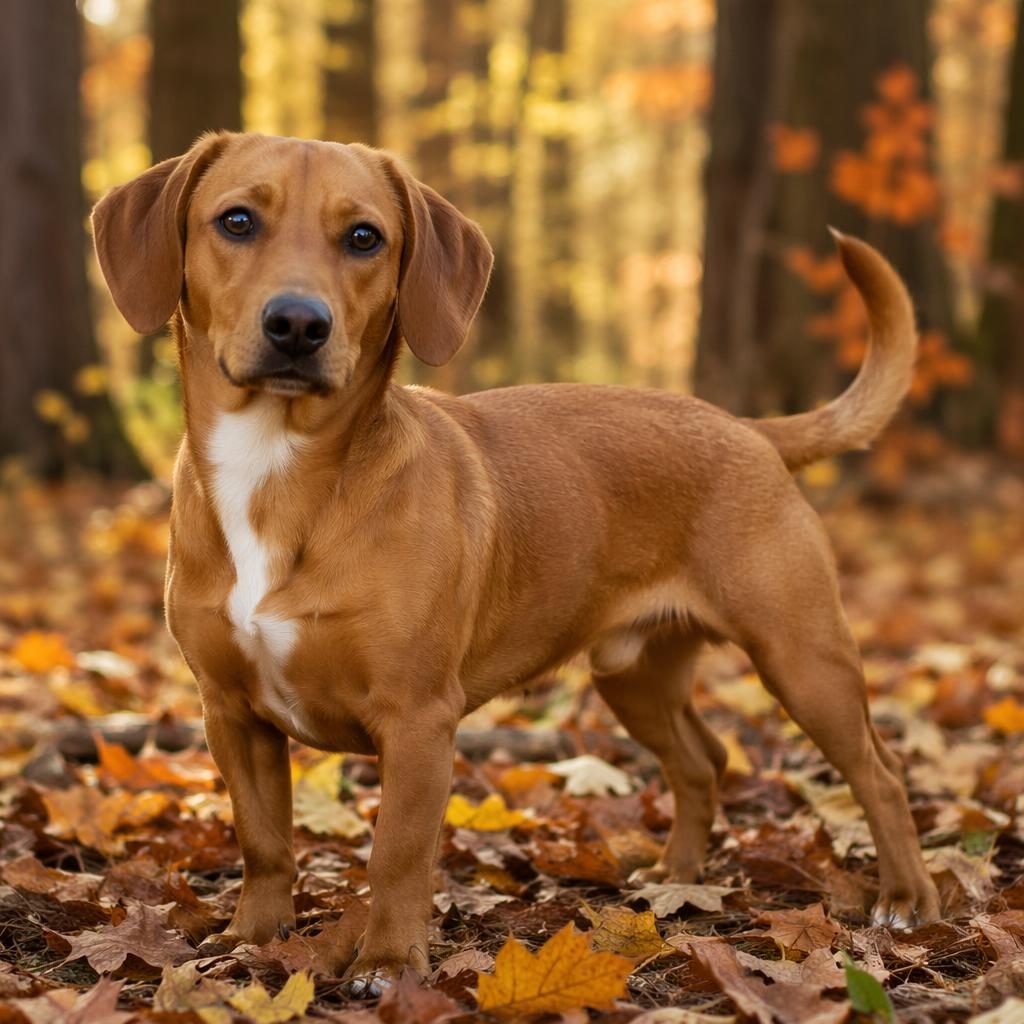 Editorial portrait of a beagle dachshund mix dog standing in an autumn forest with soft natural light and sharp fur detail.