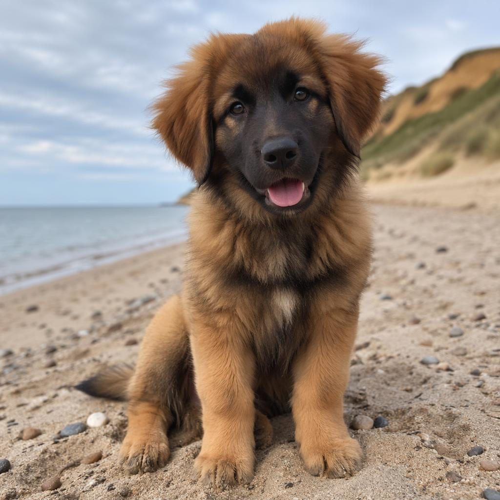 Realistische Illustration eines freundlichen Leonberger-Mischling-Welpen am Strand bei weichem Naturlicht