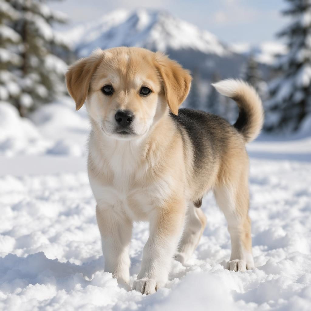 Štěně křížence samojeda a labradora ve sněhu, světlá srst, přátelský výraz, přirozené venkovní světlo.