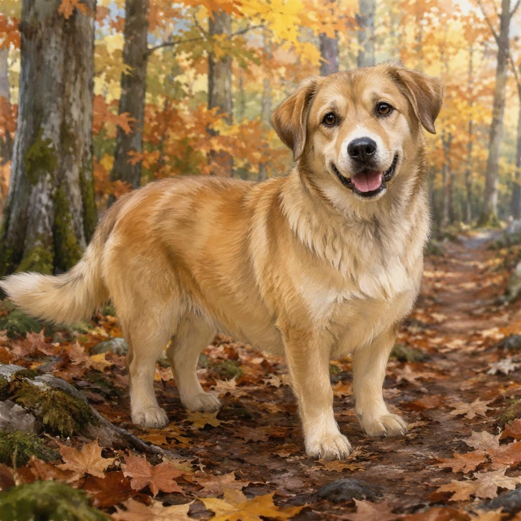 Watercolor-style young hybrid dog in an autumn forest with husky-like coat, corgi build, relaxed friendly expression