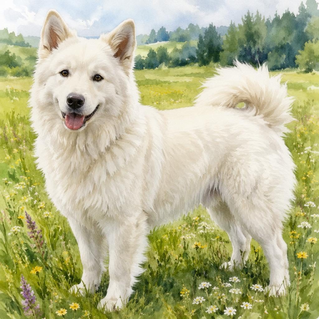 Ein einzelner senioriger Mischhund im Aquarell-Stil steht entspannt auf einer grünen Wiese bei weichem Tageslicht.