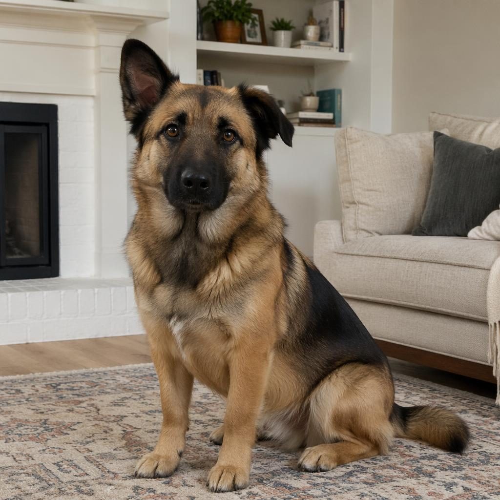 Realistic german sheppit mixed-breed dog with balanced traits, relaxed in a cozy living room with soft natural light.