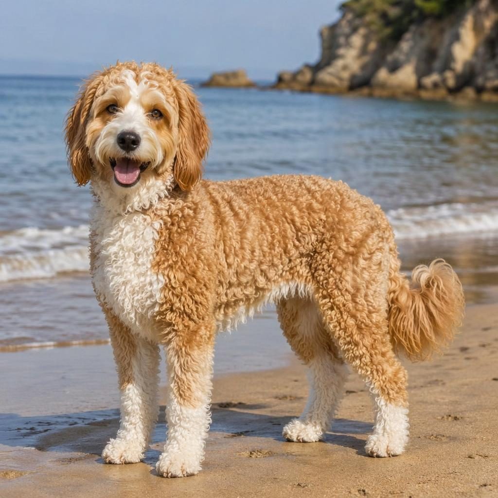 Illustrated adult Aussie Poodle mix dog on a beach with rare coat, relaxed friendly expression, and realistic fur detail.