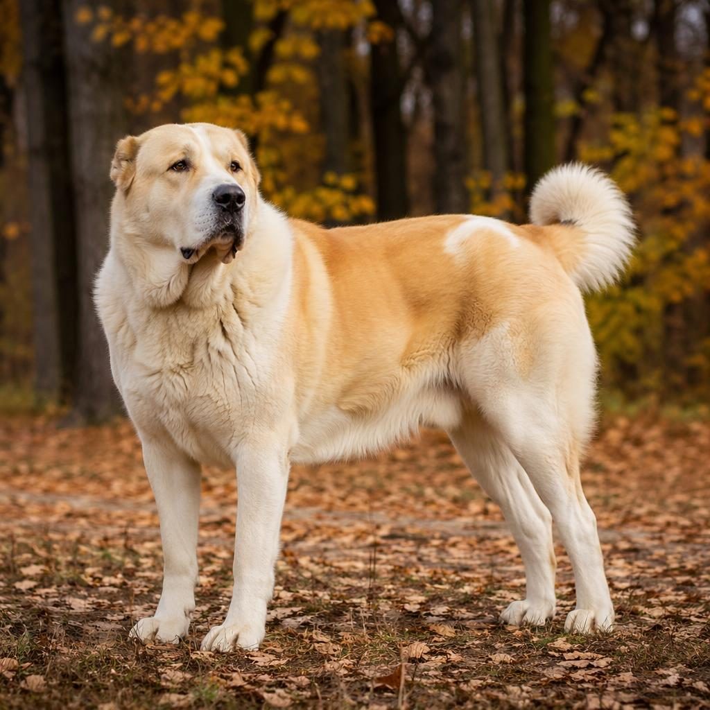 Seniorní kříženec psa ve stylu shiba inu a beagle stojí v podzimním lese, s přátelským výrazem a jemným světlem.