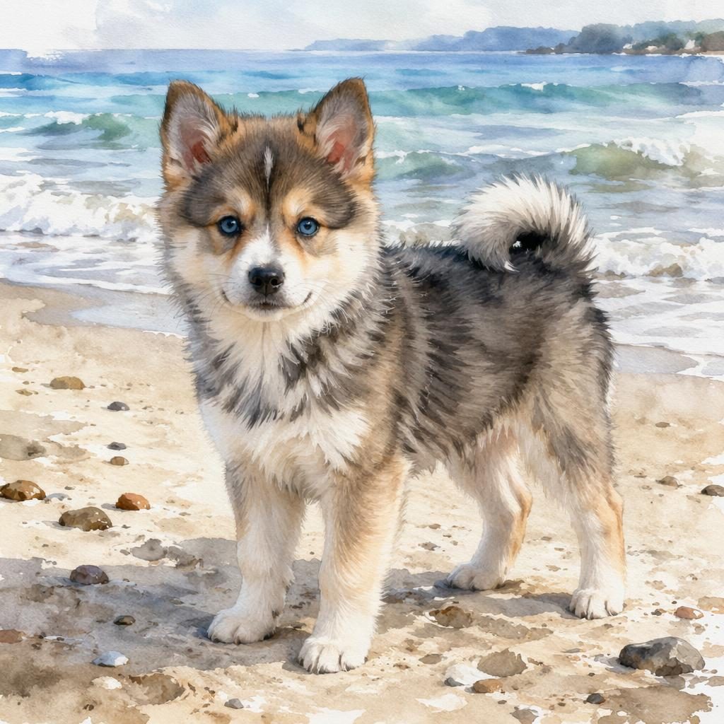 Akvarelové zobrazení štěněte, kříženec psa Jack Russell teriér a Shiba Inu, na pláži v měkkém přirozeném světle.