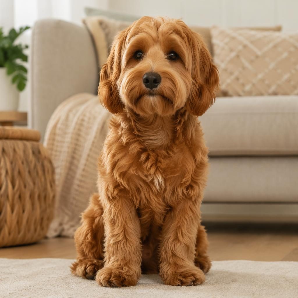 Editorial portrait of a small mixed-breed dog in a cozy living room with soft natural light and realistic fur detail.