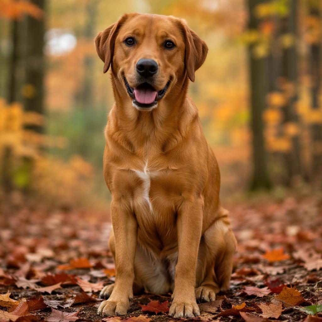 Editorial portrait of a senior Chihuahua and Labrador Retriever mix in an autumn forest, relaxed and well groomed.