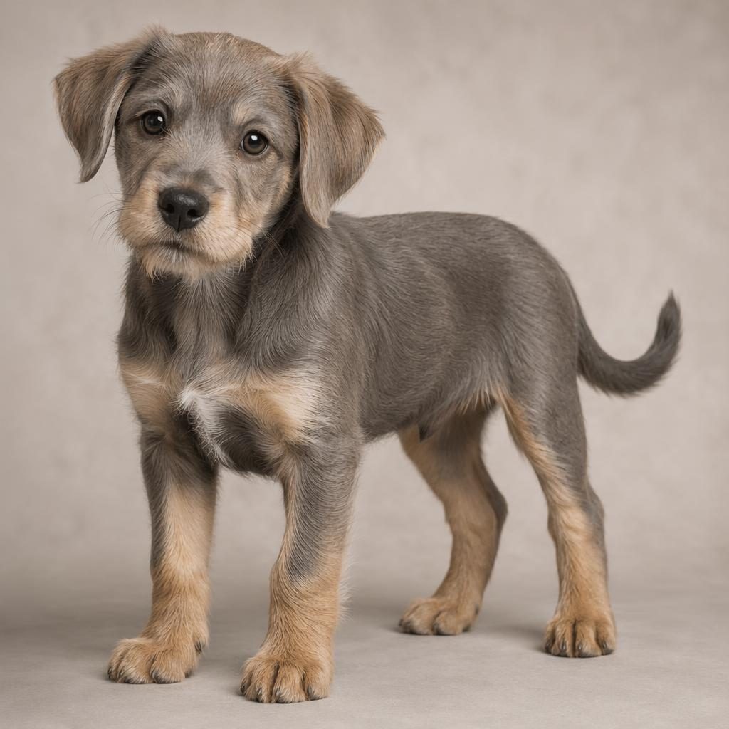 Illustration eines einzelnen Welpen als Mix aus Australian Shepherd und Ridgeback vor neutralem Hintergrund