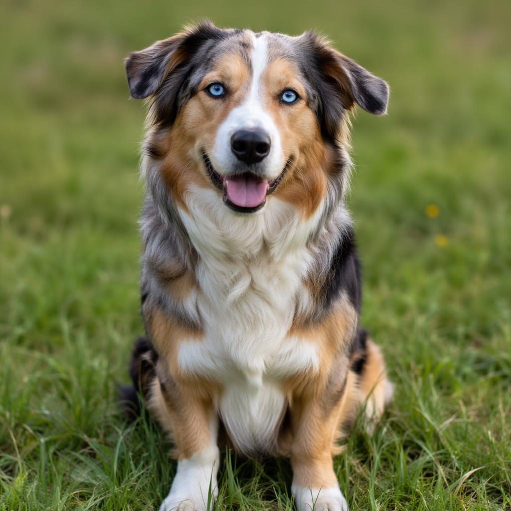 Single senior mixed-breed dog in a grass meadow, relaxed expression, soft natural light, sharp realistic fur detail.