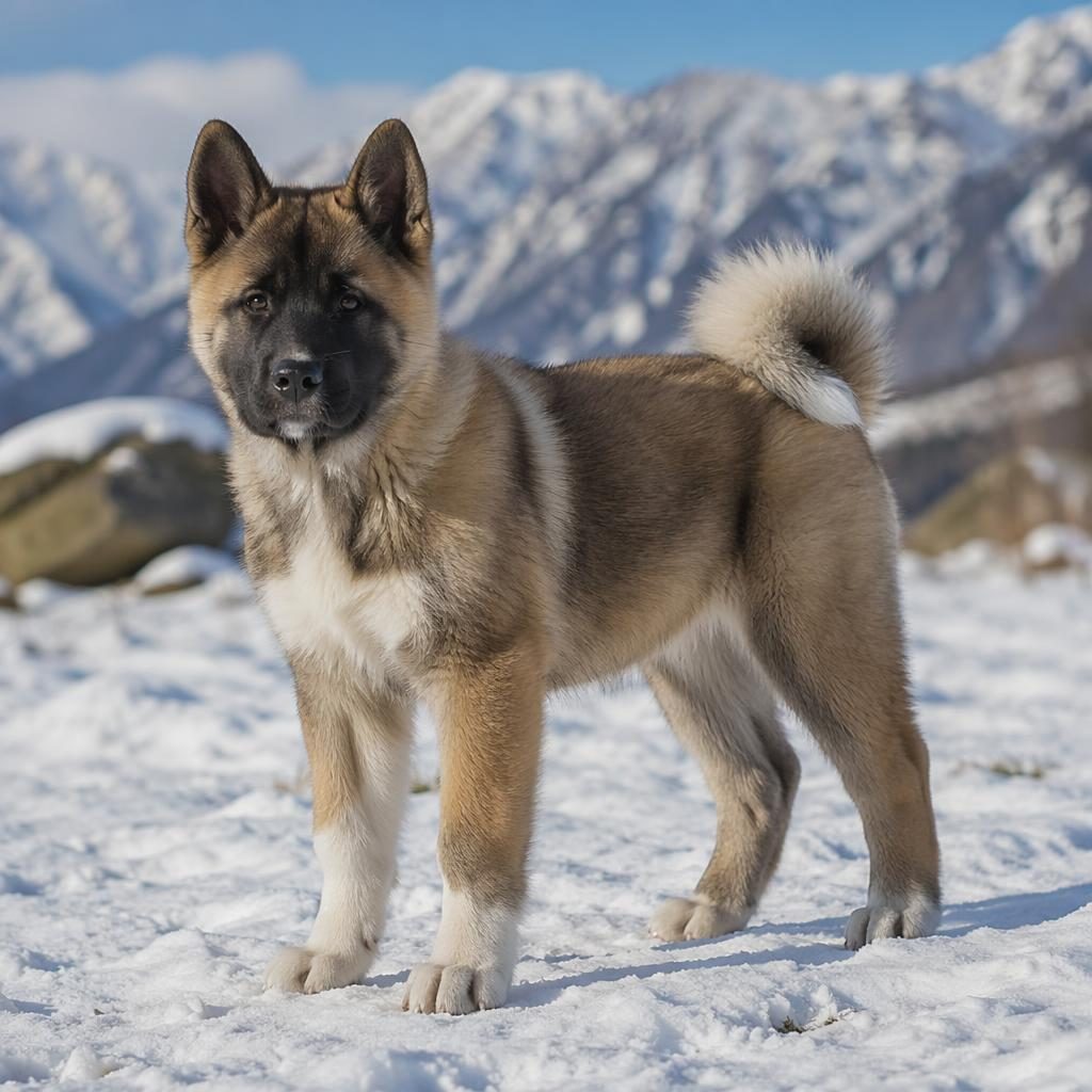 Ein einzelner freundlicher Welpe einer dogo hunderasse steht entspannt in verschneiter Landschaft bei weichem Licht.
