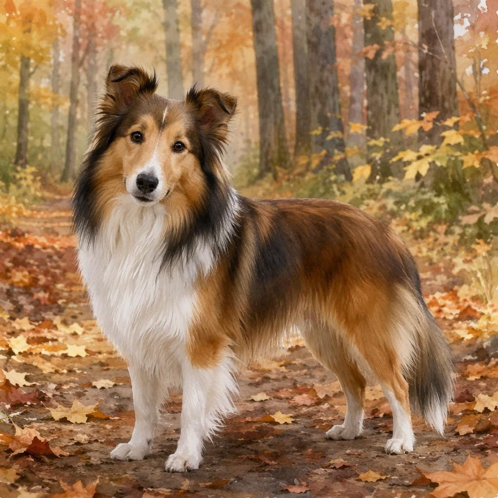 Senior sheltie mix dog with Jack Russell and Shiba Inu traits, watercolor style, standing in an autumn forest