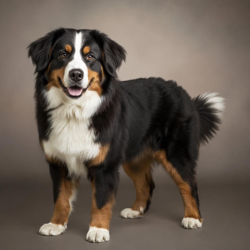 Editorial portrait of a single friendly mixed-breed dog on a soft neutral background with realistic fur and natural light.