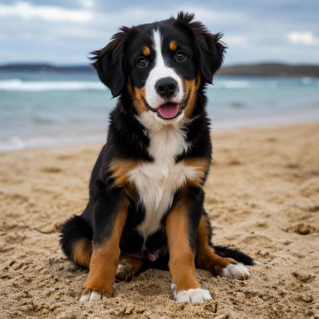 Ein einzelner, entspannter Welpe als realistischer Hundemix steht am Strand bei weichem Naturlicht.