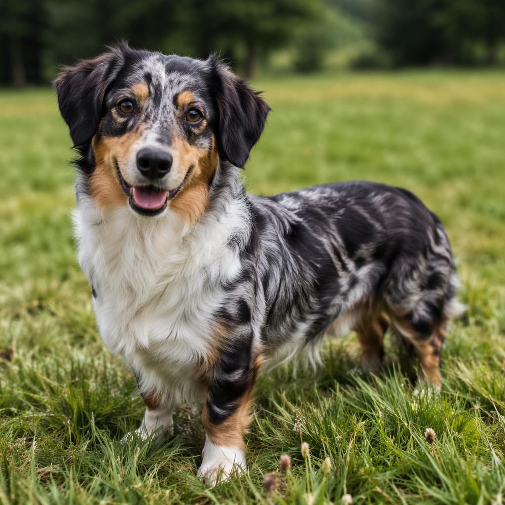 Ein einzelner junger Dackel Australian Shepherd Mix steht entspannt auf einer grünen Wiese bei weichem Tageslicht.