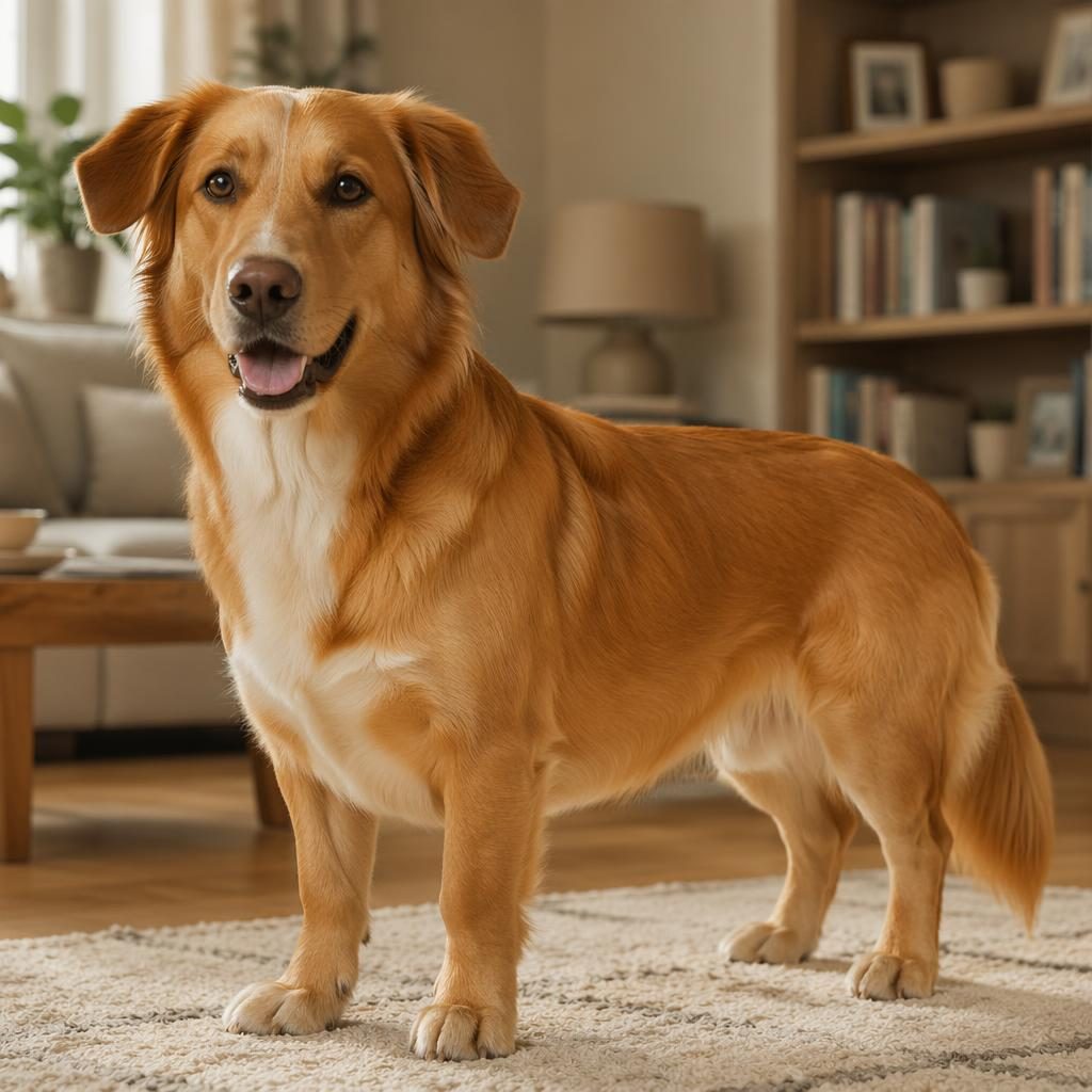 Junger Retriever-Corgi-Mix mit rötlicher Nase im gemütlichen Wohnzimmer, freundlich, gepflegt und fotorealistisch.