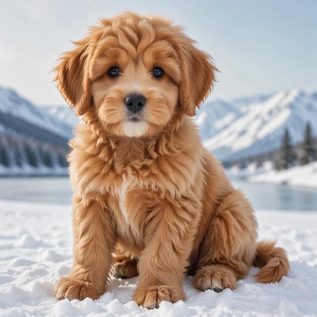 Editorial portrait of a fluffy red-toned mixed-breed puppy in snow, with soft natural light and sharp fur detail.