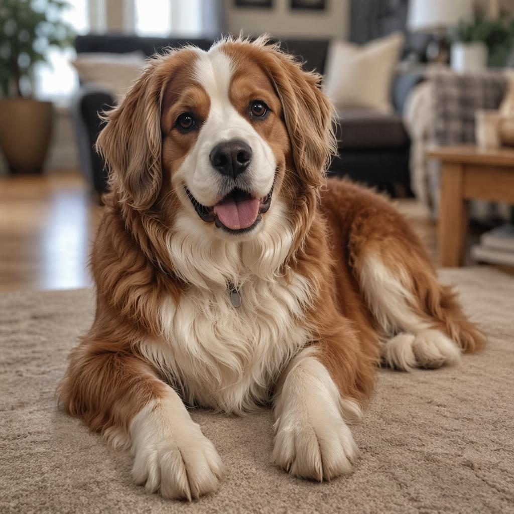 Senior hybrid dog in a cosy living room, studio-lit with terrier and mountain dog traits, relaxed and well groomed