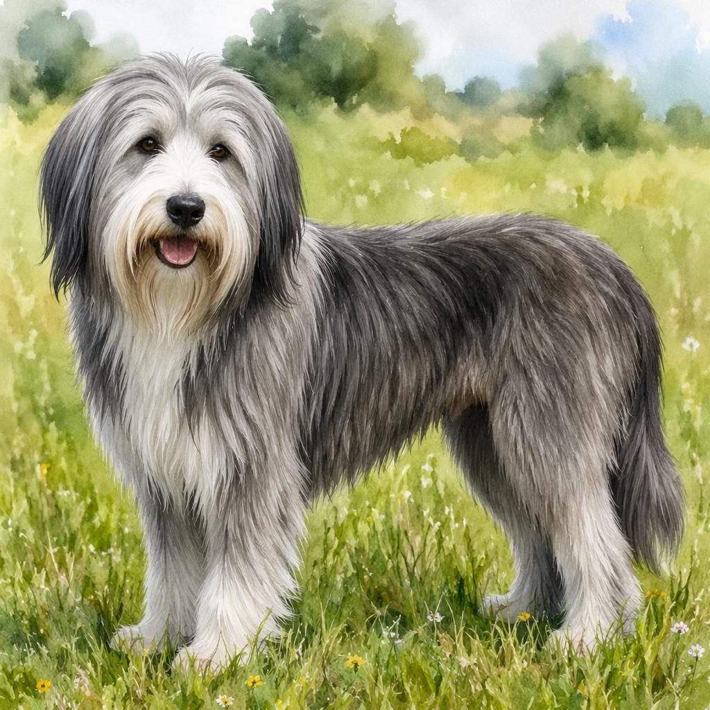 Ein einzelner senioriger Hund als Mischling im Aquarellstil steht entspannt auf einer grünen Wiese bei weichem Licht.