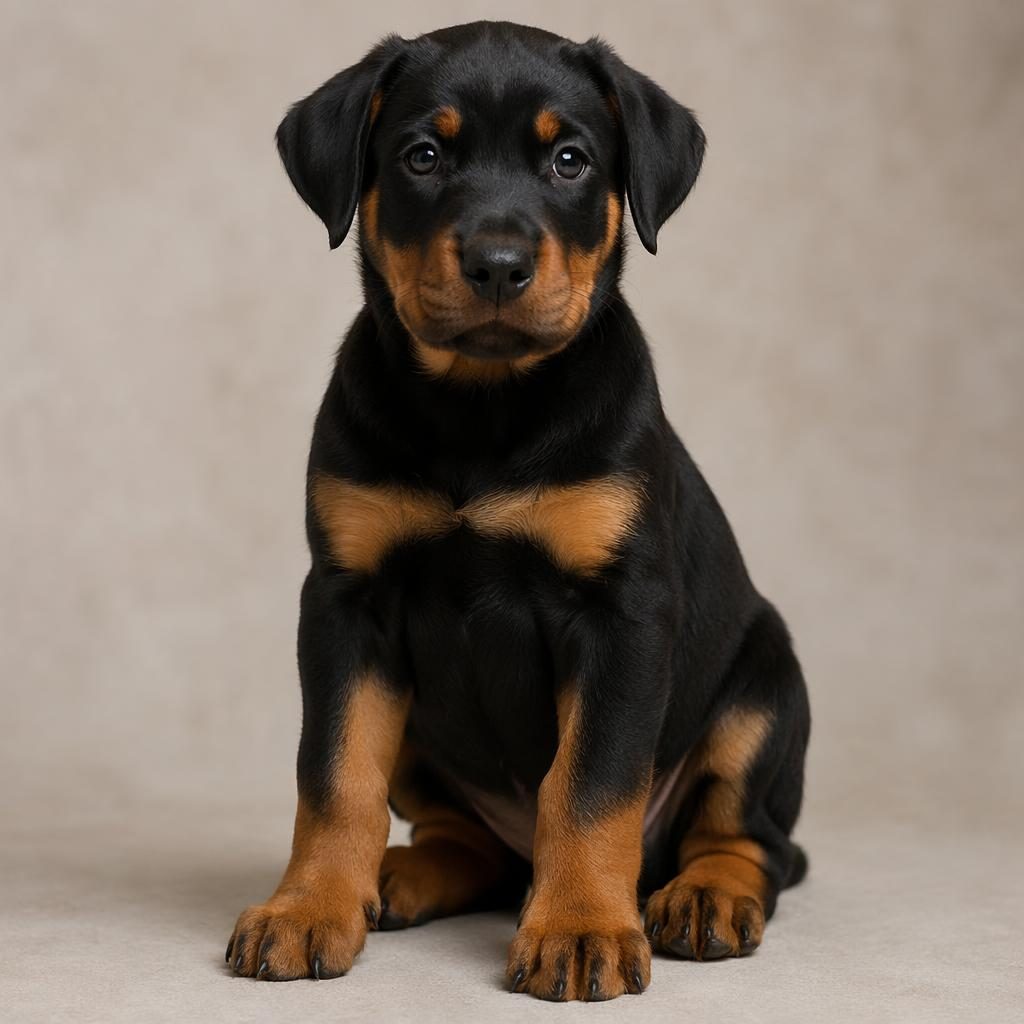 Editorial portrait of a realistic mixed-breed puppy on a soft neutral background with natural light and detailed fur