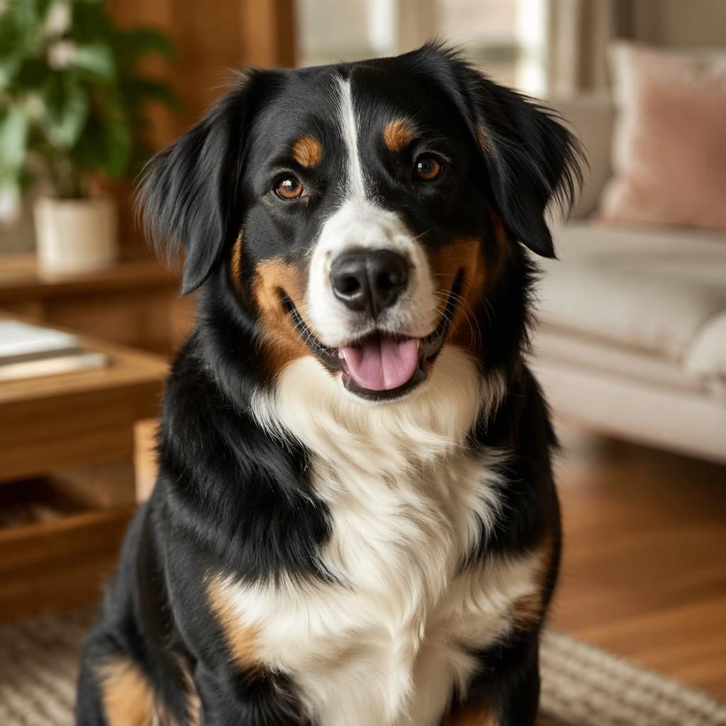 Ein einzelner junger Mischlingshund im Wohnzimmer, freundlich entspannt, mit weichem Licht und fotorealistischer Fellstruktur.